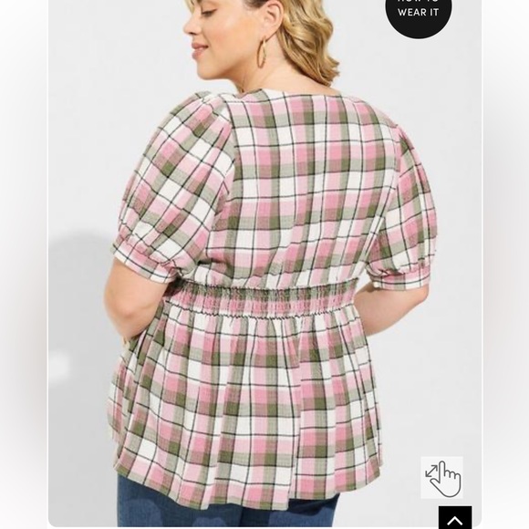 Torrid Pink & Green Plaid Babydoll Crinkle Flannel Gauze Button Short Sleeve NWT - Picture 4 of 8